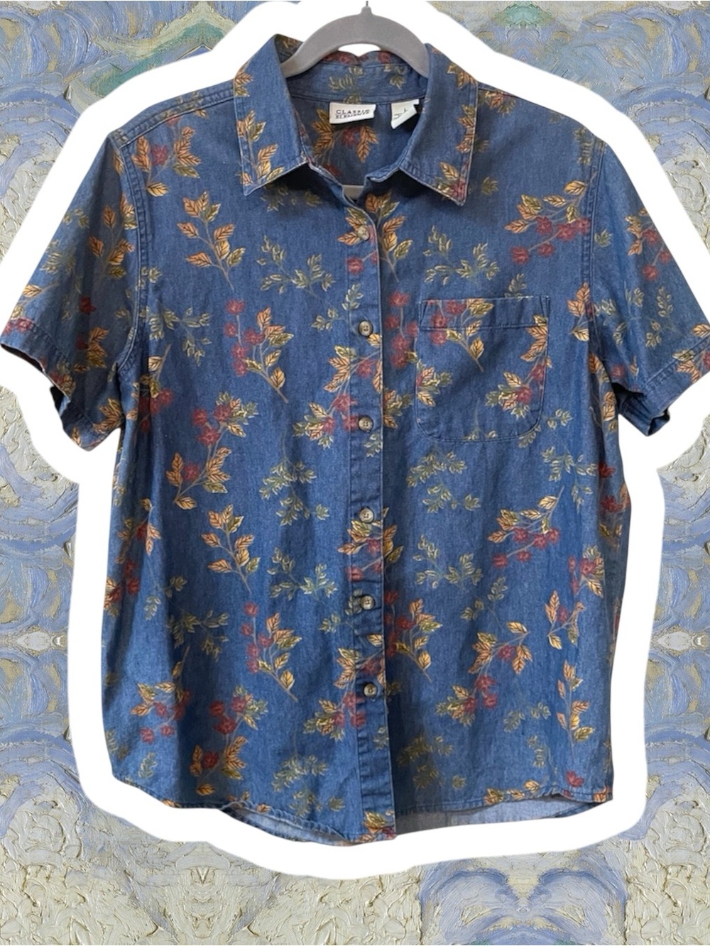Short sleeve chambray vintage button up shirt red orange floral L large